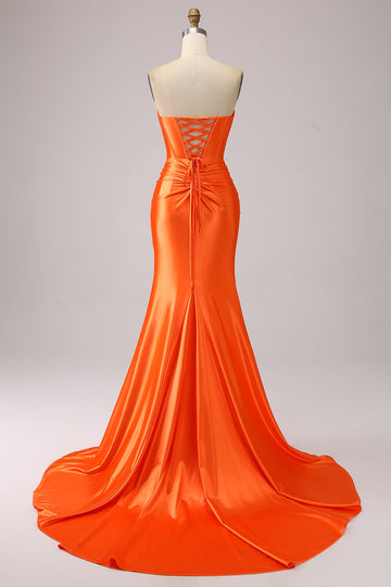 Orange Mermaid Sweetheart Corset Long Sparkly Ball Dress with Slit